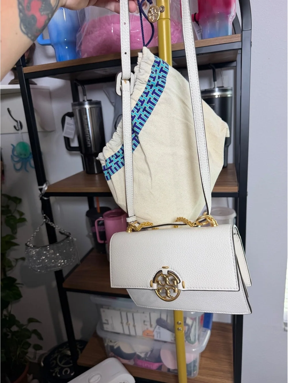 Tory Burch Miller Mini Shoulder Bag White Pebbled Leather Gold Logo NWOT